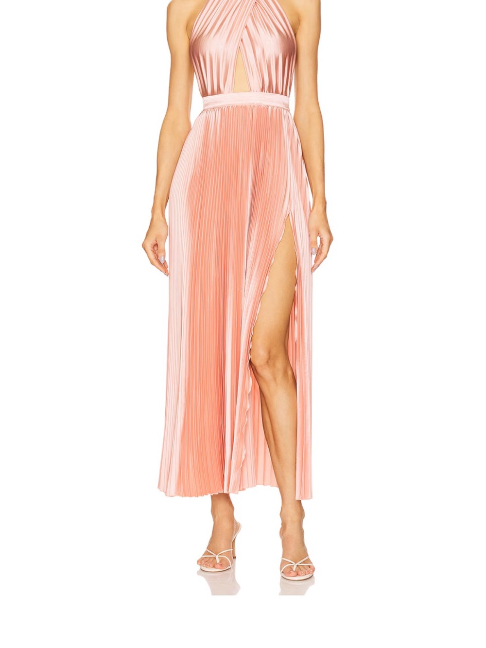 Backless Halter Pleated Maxi Dress in Blush Pink